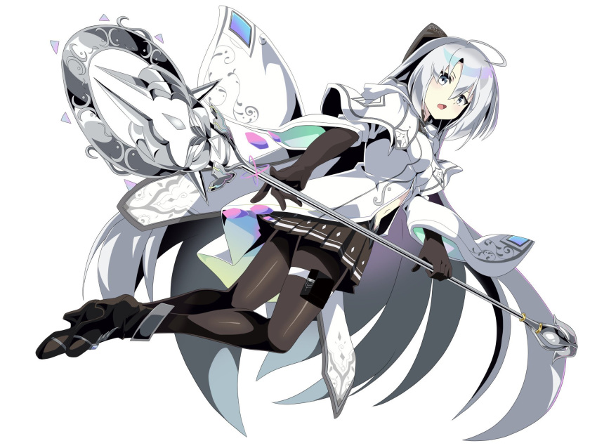 1girl black_bow black_gloves black_skirt black_thighhighs bow clothing_cutout commentary_request dress duel_masters duel_masters_play's elbow_gloves gloves gradient_clothes grey_eyes grey_hair hair_bow highres holding holding_staff kanon_(duel_masters) long_hair navel_cutout open_mouth pleated_skirt rainbow_gradient skirt solo staff thigh-highs very_long_hair white_background white_dress zeke_(analogmon)