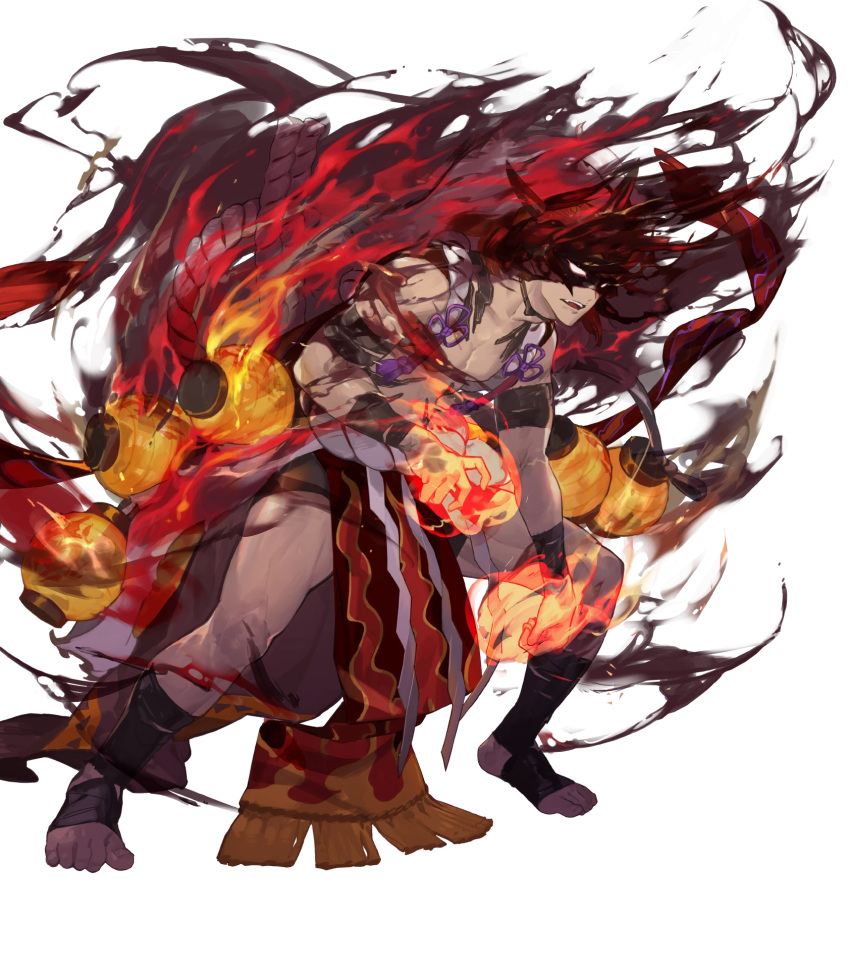 1boy abs attack black_fire body_markings dark-skinned_male dark_skin dragon_mask fake_hair fire fire_emblem fire_emblem_heroes flaming_hand glowing glowing_eyes highres male_focus muscular muscular_male muspell_(fire_emblem) muspell_(flame)_(fire_emblem) non-web_source official_alternate_costume official_art orange_hair pelvic_curtain shawl smile solo sumo toned toned_male transparent_background