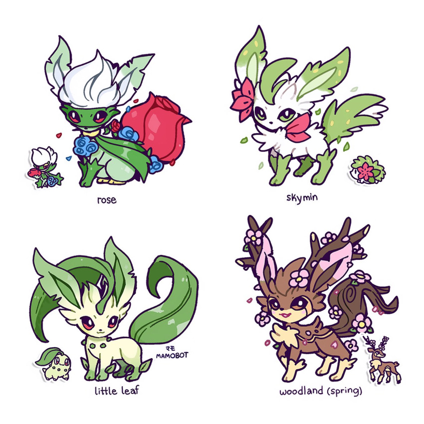 animal_focus antlers blue_flower blue_rose brown_fur chikorita commentary flower fusion green-fur green_eyes highres leaf leafeon mamobot no_humans pokemon pokemon_(creature) red_eyes red_flower red_rose rose roserade sawsbuck sawsbuck_(spring) shaymin shaymin_(land) simple_background sitting tail white_background white_fur