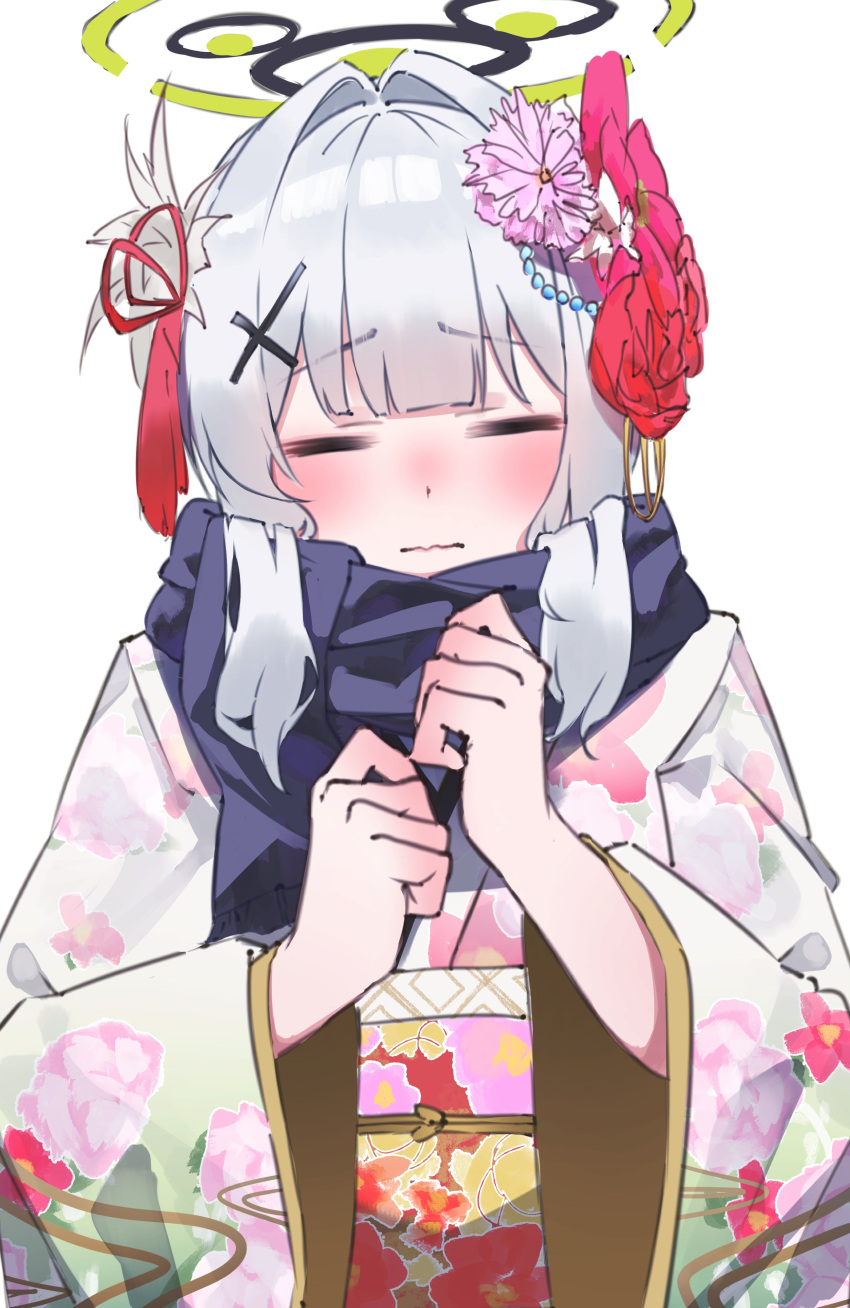 1girl absurdres blue_archive blush closed_eyes closed_mouth facing_viewer flower grey_hair hair_flower hair_ornament halo hare_(blue_archive) heimu_(heim_kstr) highres japanese_clothes kimono long_hair long_sleeves obi sash simple_background solo upper_body wavy_mouth white_background white_kimono wide_sleeves