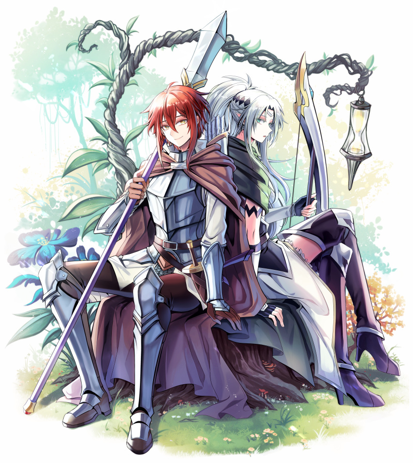 2boys absurdres armor arrow_(projectile) bbing bow_(weapon) brown_cloak brown_eyes chest_armor cloak dagger detached_leggings elf flower forest full_body gloves grass greaves green_cloak grey_hair high_heels highres holding holding_bow_(weapon) holding_polearm holding_weapon knife lamp long_bangs long_hair looking_at_viewer meneldor multiple_boys nature open_mouth partially_fingerless_gloves pointy_ears polearm ponytail quiver redhead saihate_no_paladin scabbard sheath shirt sitting smile tiara vambraces weapon white_shirt white_tunic william_g_maryblood