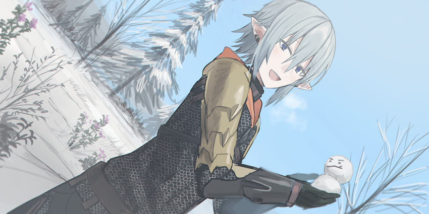 1boy :d armor bare_tree black_gloves blue_eyes blue_sky breath chainmail chihuri day dutch_angle final_fantasy final_fantasy_xiv flower gloves grey_hair hair_between_eyes haurchefant_greystone highres holding looking_at_viewer male_focus outdoors pauldrons pink_flower shoulder_armor sky smile snow snowman solo tree