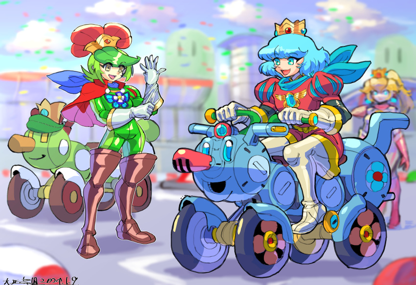 1girl 2boys absurdres androgynous ascot blonde_hair blue_hair bob_cut bodysuit boots cape crown earrings eyelashes full_body gloves green_hair highres jewelry male_focus mario_kart motor_vehicle multiple_boys oomasa_teikoku open_mouth personification prince prince_florian prince_haru princess_peach puffy_short_sleeves puffy_sleeves red_cape riding short_hair short_sleeves standing super_mario_bros. super_mario_bros.:_peach-hime_kyushutsu_dai_sakusen! super_mario_bros._wonder thigh_boots white_gloves worm yellow_eyes