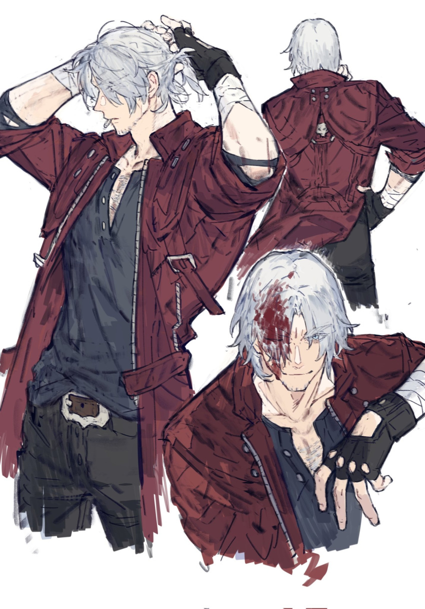 1boy belt bishounen black_gloves blood blood_in_hair blood_on_face blue_eyes brown_belt coat dante_(devil_may_cry) devil_may_cry_(series) fingerless_gloves gloves gougougougou hair_tie highres holding jacket long_hair looking_at_viewer male_focus multiple_boys old old_man pants ponytail red_coat simple_background smile solo standing white_hair