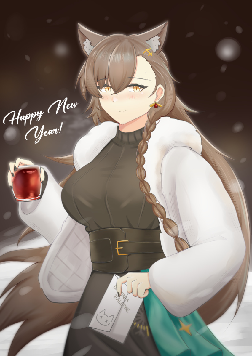 1girl absurdres animal_ears anthonii arknights black_skirt black_sweater blush braid breasts brown_hair character_name cowboy_shot drink earrings extra_ears fur-trimmed_jacket fur_trim hair_between_eyes happy_new_year highres holding holding_drink holding_letter jacket jewelry large_breasts letter long_hair mole_above_eye official_alternate_costume open_clothes open_jacket penance_(arknights) penance_(occasionally_flushed)_(arknights) ribbed_sweater skirt smile solo sweater very_long_hair white_jacket wolf_ears wolf_girl yellow_eyes