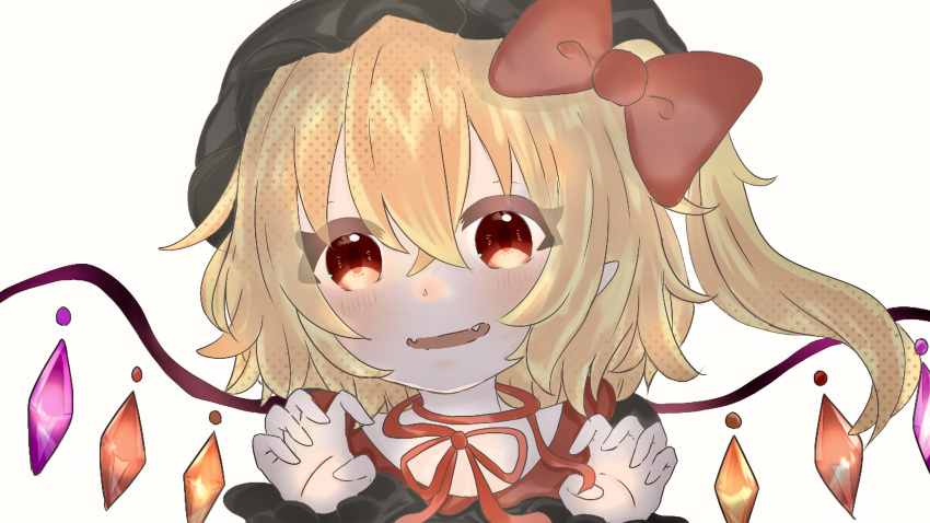 1girl blonde_hair bow bowtie crystal fang flandre_scarlet hair_ribbon highres kaze_channnn looking_at_viewer open_mouth paw_pose red_bow red_bowtie red_eyes red_ribbon ribbon simple_background solo touhou upper_body