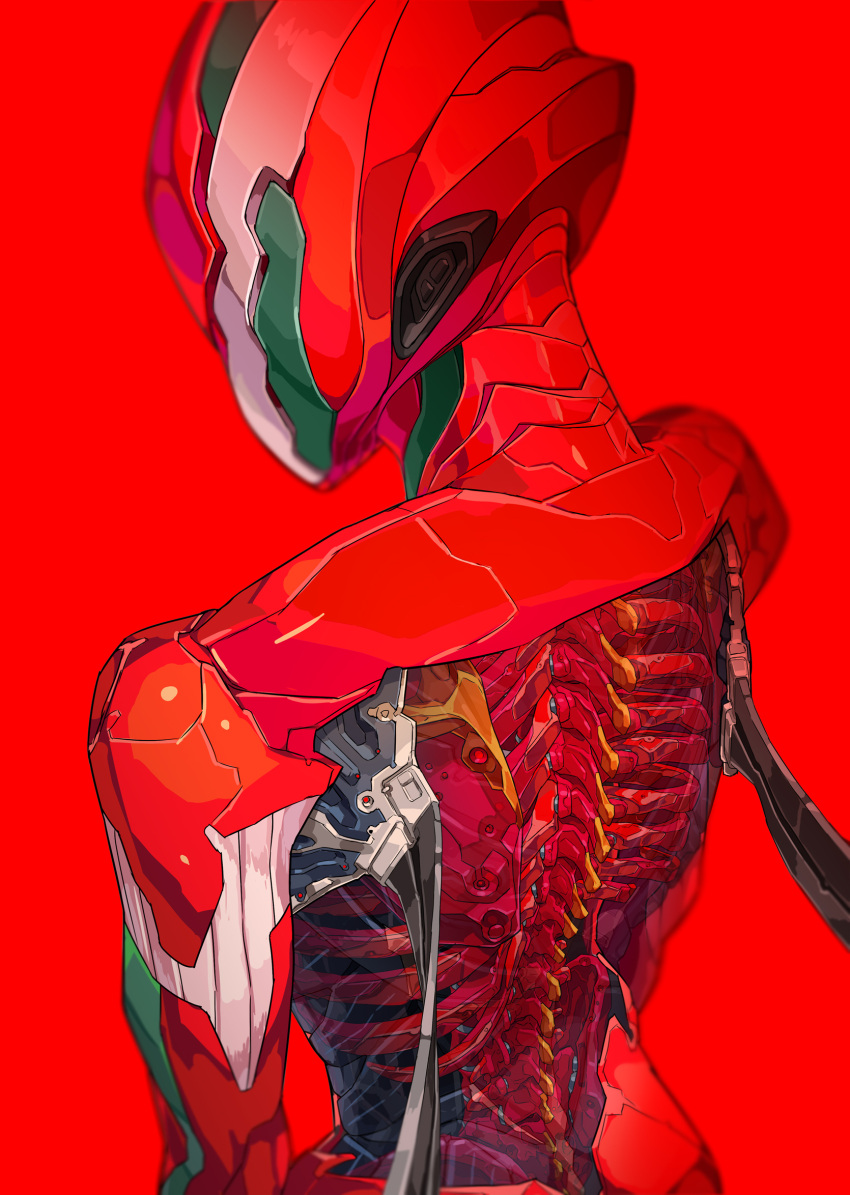 cable from_behind helmet highres mechanical_parts original red_background ribs science_fiction simple_background skeleton solo spine teru_by_m upper_body wire