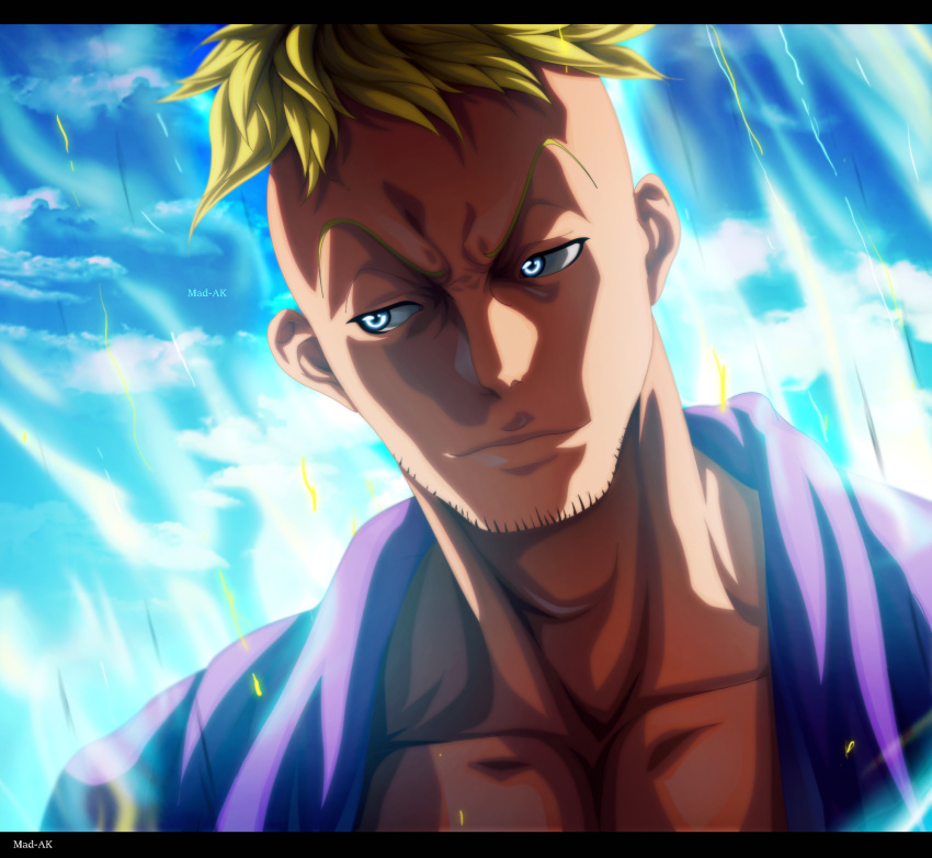1boy artist_name blonde_hair blue_eyes closed_mouth clouds cloudy_sky collarbone commentary english_commentary facial_hair highres mad-ak male_focus marco_(one_piece) mohawk one_piece outdoors short_hair sky solo