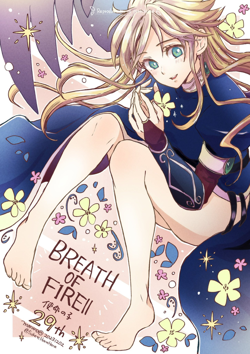 1girl barefoot black_wings blonde_hair breath_of_fire breath_of_fire_ii bridal_gauntlets dated dress feathered_wings flower full_body green_eyes highres long_hair looking_at_viewer maruno nina_(breath_of_fire_ii) open_mouth side_slit signature smile solo wings