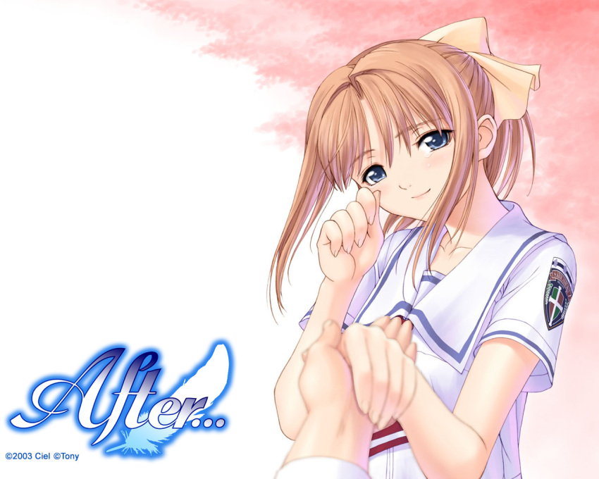 after_sweet_kiss blue_eyes brown_hair head_tilt holding_hands kiss ponytail pov school_uniform serafuku shiomiya_kanami smile sweet taka_tony tears wallpaper