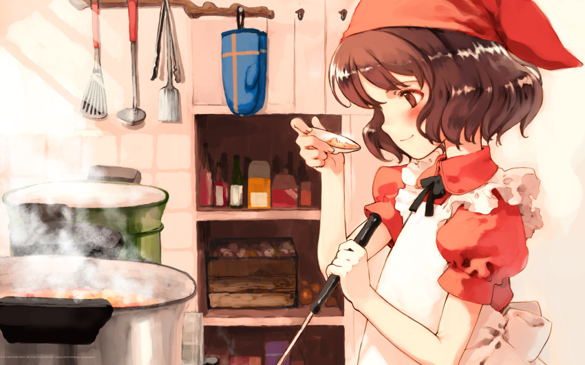 bandana blush brown_eyes brown_hair cooking food highres kitchen ladle lina_junhers littlewitch ooyari_ashito oyari_ashito quartett! short_hair wallpaper whisk widescreen