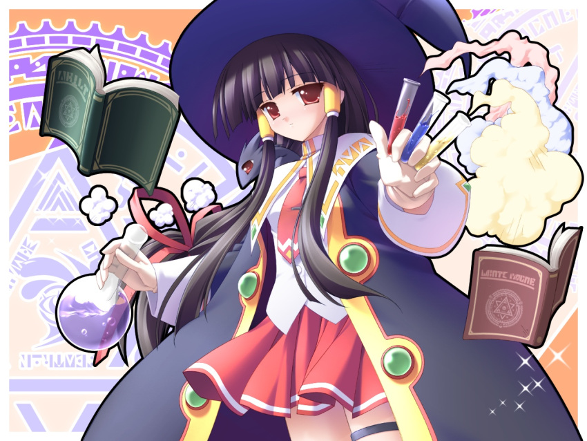 1girl beaker black_hair book cauldron_(majokko) dragon floating_book garters hair_ribbon hair_tubes hat long_hair magic magic_circle majokko_a_la_mode pleated_skirt red_eyes ribbon rydia_arsenal school_uniform skirt smoke test_tube thighhighs wallpaper witch witch_hat