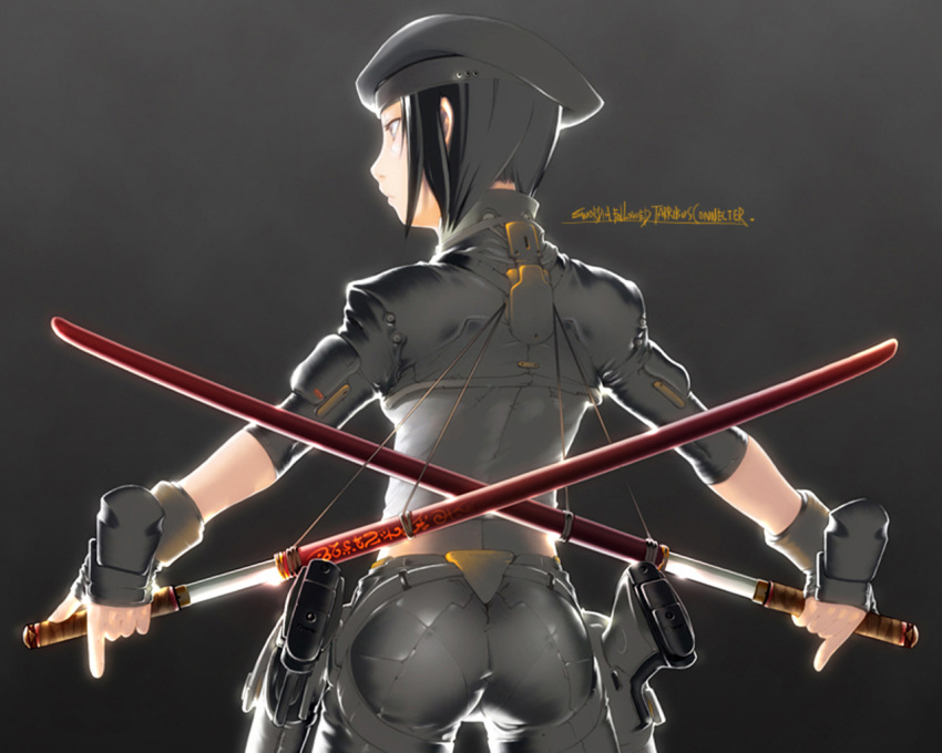 ass back beret black_hair blade character_request dual_wielding fingerless_gloves from_behind frown gloves gun handgun hat holster katana midriff pistol profile sheath short_hair silver_eyes skin_tight soldier solo sword unsheathing wallpaper weapon