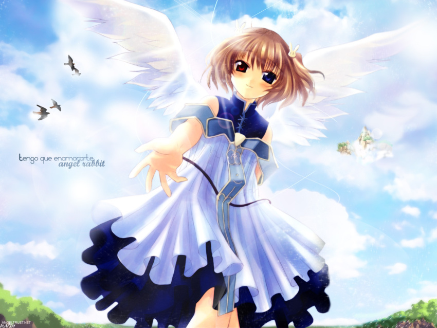 angel_rabbie angelic_serenade bare_shoulders bird brown_hair heterochromia lasty_farson naruse_chisato outdoors outstretched_hand sky solo wings
