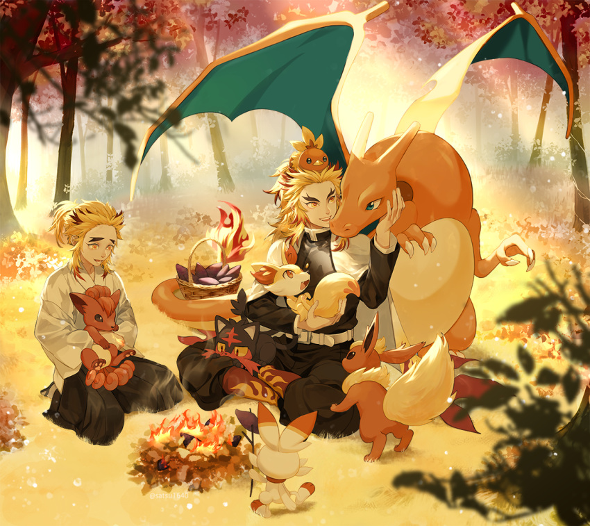 2boys blonde_hair blue_eyes campfire cape charizard claws closed_mouth creature crossover fennekin fire flareon fyfyluker holding jacket japanese_clothes kimetsu_no_yaiba litten long_hair long_sleeves male_focus multicolored_eyes multicolored_hair multiple_boys multiple_tails open_mouth outdoors pokemon pokemon_(creature) power_connection red_eyes redhead rengoku_kyoujurou rengoku_senjurou scorbunny smile tail tail-tip_fire torchic two-tone_hair vulpix wings yellow_eyes