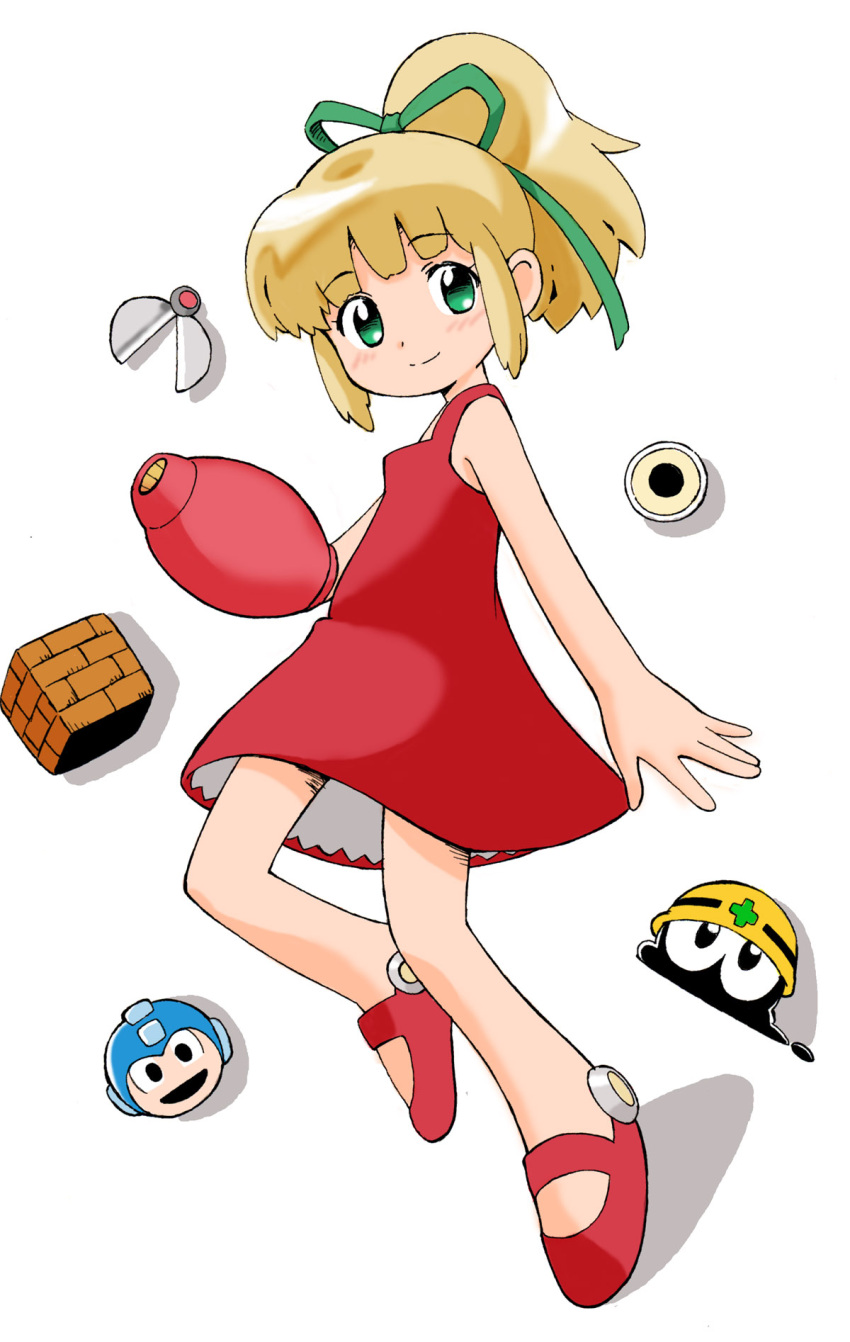 blonde_hair green_eyes highres metool ponytail power-up rockman rockman_(character) rockman_(classic) roll weapon