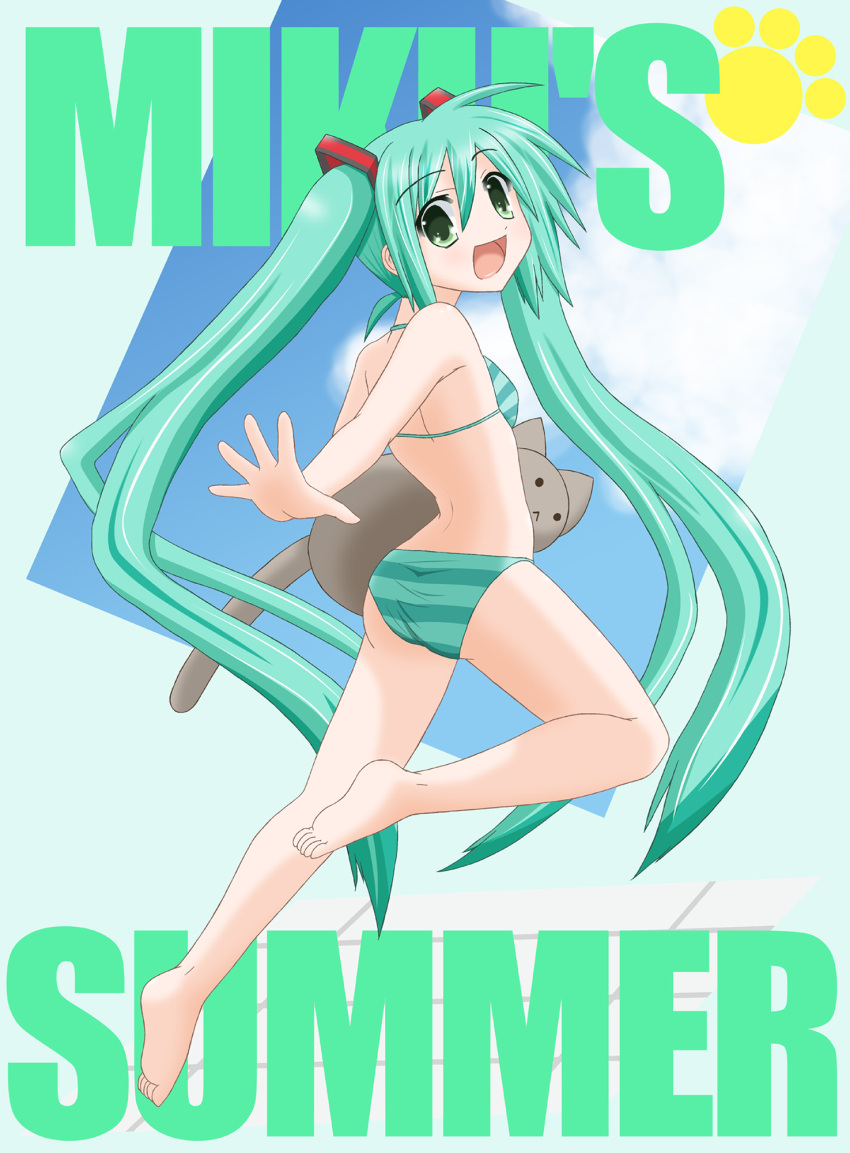 bikini cat green_eyes green_hair hatsune_miku highres kikurage-san legs long_hair looking_back striped striped_bikini striped_swimsuit stuffed_animal stuffed_toy swimsuit twintails vocaloid