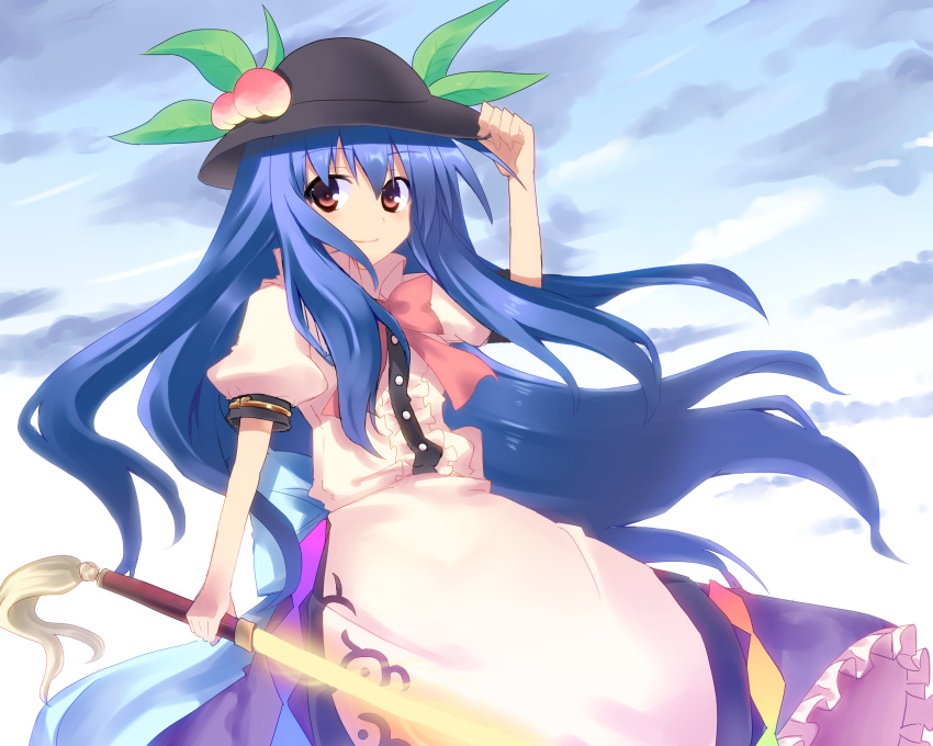 blue_hair bow food fruit garigarigari glowing hand_on_hat hat hat_tip highres hinanawi_tenshi long_hair long_skirt peach red_eyes skirt smile solo sunrise sword sword_of_hisou touhou weapon wind