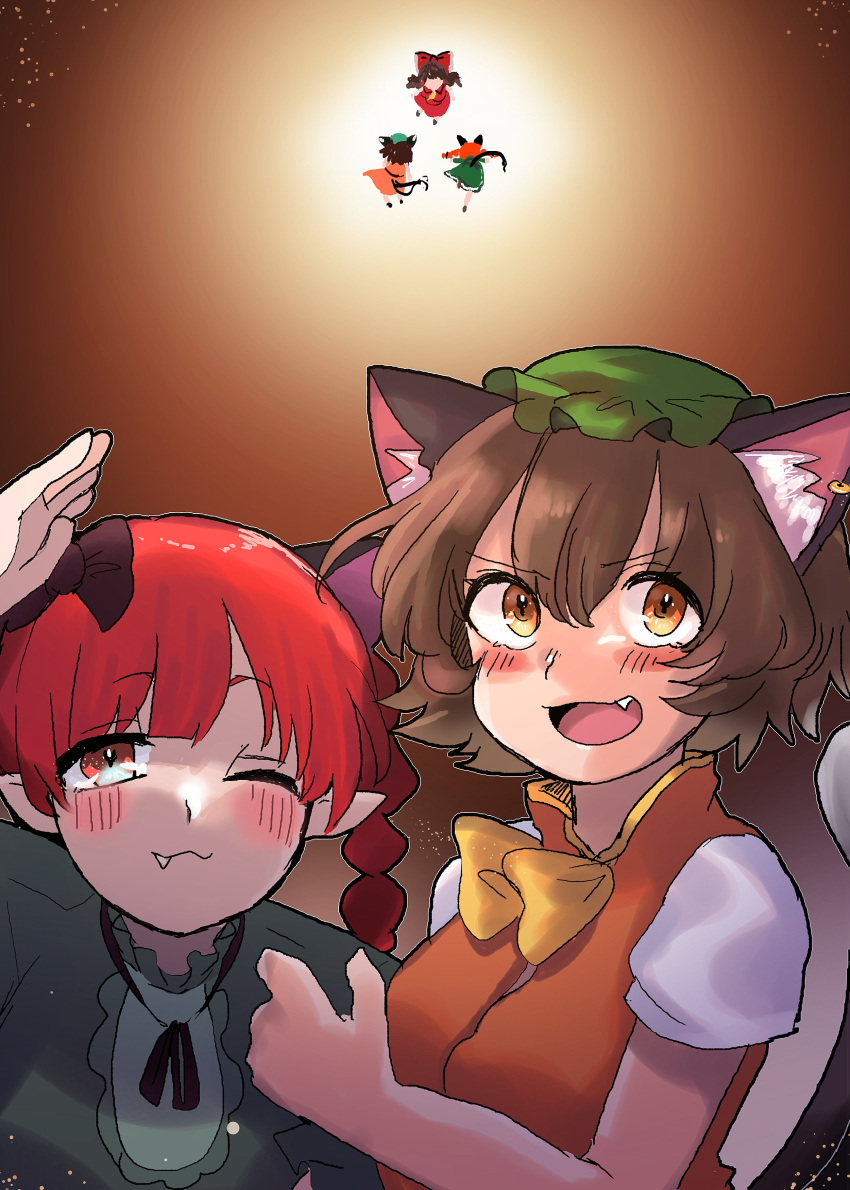 3girls :3 absurdres animal_ear_fluff animal_ears black_hair blush bow braid brown_hair cat_ears cat_tail chen detached_sleeves dress ear_piercing extra_ears fang friends gradient gradient_background green_dress green_headwear hakurei_reimu height_difference highres kaenbyou_rin multiple_girls multiple_tails nekomata one_eye_closed open_mouth piercing playing pointy_ears purupurutamago45 redhead short_hair simple_background slit_pupils tail touhou twin_braids yellow_eyes