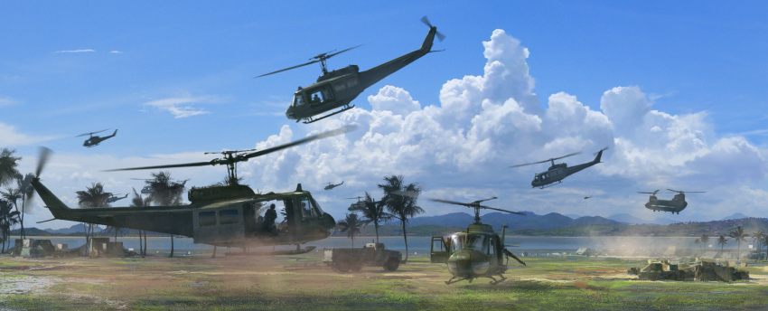 ch-47_chinook cloud clouds dust helicopter highres landscape military motor_vehicle original palm_tree river scenery sky tree truck uh-1_iroquois vehicle water