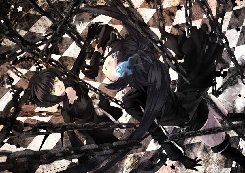 black_hair black_rock_shooter black_rock_shooter_(character) blue_eyes boots chain checkered checkered_floor dead_master green_eyes highres shirohitsuji thigh_boots thighhighs twintails