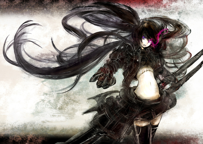 bad_id black_hair black_rock_shooter black_rock_shooter_(character) glowing_eye stitches thigh-highs thighhighs twintails weapon