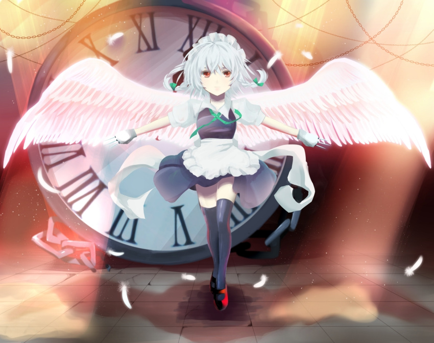 angel_wings bad_id bad_proportions braid chirosuke clock feathers highres izayoi_sakuya knife maid maid_headdress red_eyes short_hair silver_hair solo thighhighs touhou twin_braids wings