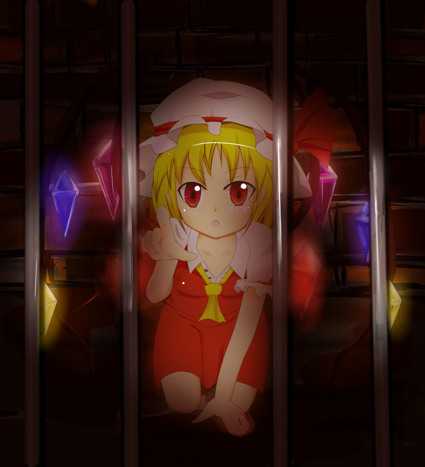 bars blonde_hair crawling flandre_scarlet highres open_mouth red_eyes short_hair solo tathiro_(030618) touhou vampire wings