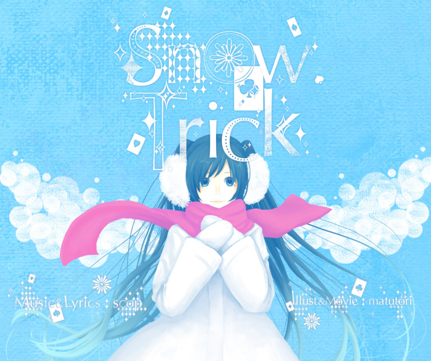 bad_id blue blue_eyes blue_hair card cards coat earmuffs english floating_card flower hands_on_chest hands_on_own_chest hands_together hatsune_miku long_hair mittens onohana scarf snow_trick_(vocaloid) solo twintails vocaloid winter