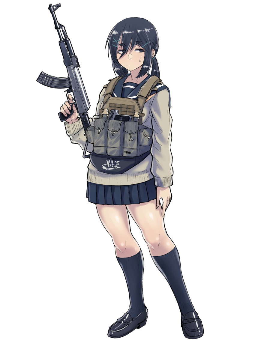 1girl :| absurdres assault_rifle black_eyes black_hair black_legwear cb_(c-board) closed_mouth eyebrows_visible_through_hair fanny_pack finger_on_trigger full_body gun handgun highres holding holding_gun holding_weapon kneehighs load_bearing_vest loafers nike original pistol pleated_skirt rifle sailor_collar school_uniform shoes skirt solo sweatdrop thick_eyebrows twintails weapon weapon_request white_background