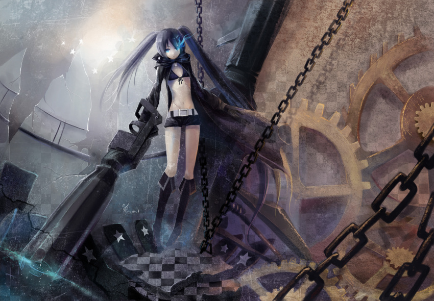 arm_cannon belt bikini_top black_hair black_rock_shooter black_rock_shooter_(character) blue_eyes boots chain coat flat_chest glowing glowing_eyes highres long_hair midriff navel scar shorts shuiyituzi solo twintails weapon