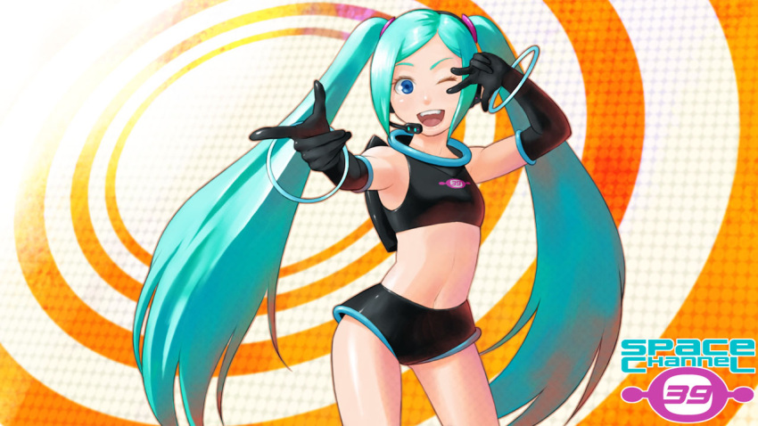 aqua_eyes aqua_hair cosplay crossover elbow_gloves gahon gloves hatsune_miku headset midriff navel open_mouth pointing project_diva short_shorts shorts smile solo space_channel_5 twintails ulala ulala_(cosplay) v vocaloid wink