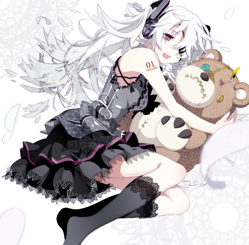 black_legwear boxcutter eyepatch frilled_kneehighs hatsune_miku headphones highres kneehighs long_hair lying no_more on_side red_eyes socks solo stitches stuffed_animal stuffed_toy teddy_bear tsumi_to_batsu_(vocaloid) twintails very_long_hair vocaloid white_hair