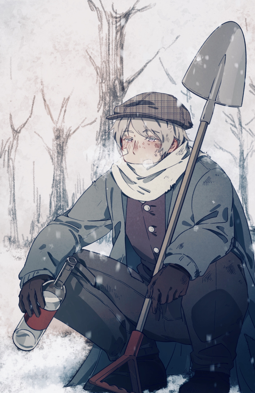 1boy absurdres alcohol axis_powers_hetalia bare_tree bottle breath buttons cabbie_hat coat cold fermium.ice glass_bottle gloves hat highres holding holding_bottle liquor male_focus nature outdoors patch puff_of_air russia_(hetalia) scarf shovel sky slav_squatting snow snowing squatting tree violet_eyes vodka winter winter_clothes