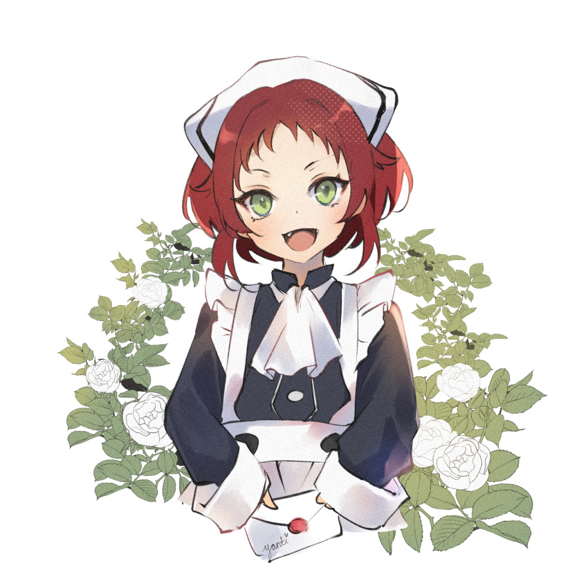 1girl aisha_greyrat apron black_dress dress fang flower highres holding holding_letter letter looking_at_viewer maid maid_apron maid_headdress mushoku_tensei redhead short_hair simple_background sleeves_past_wrists smile solo upper_body wax_seal white_apron white_background white_headdress yanti