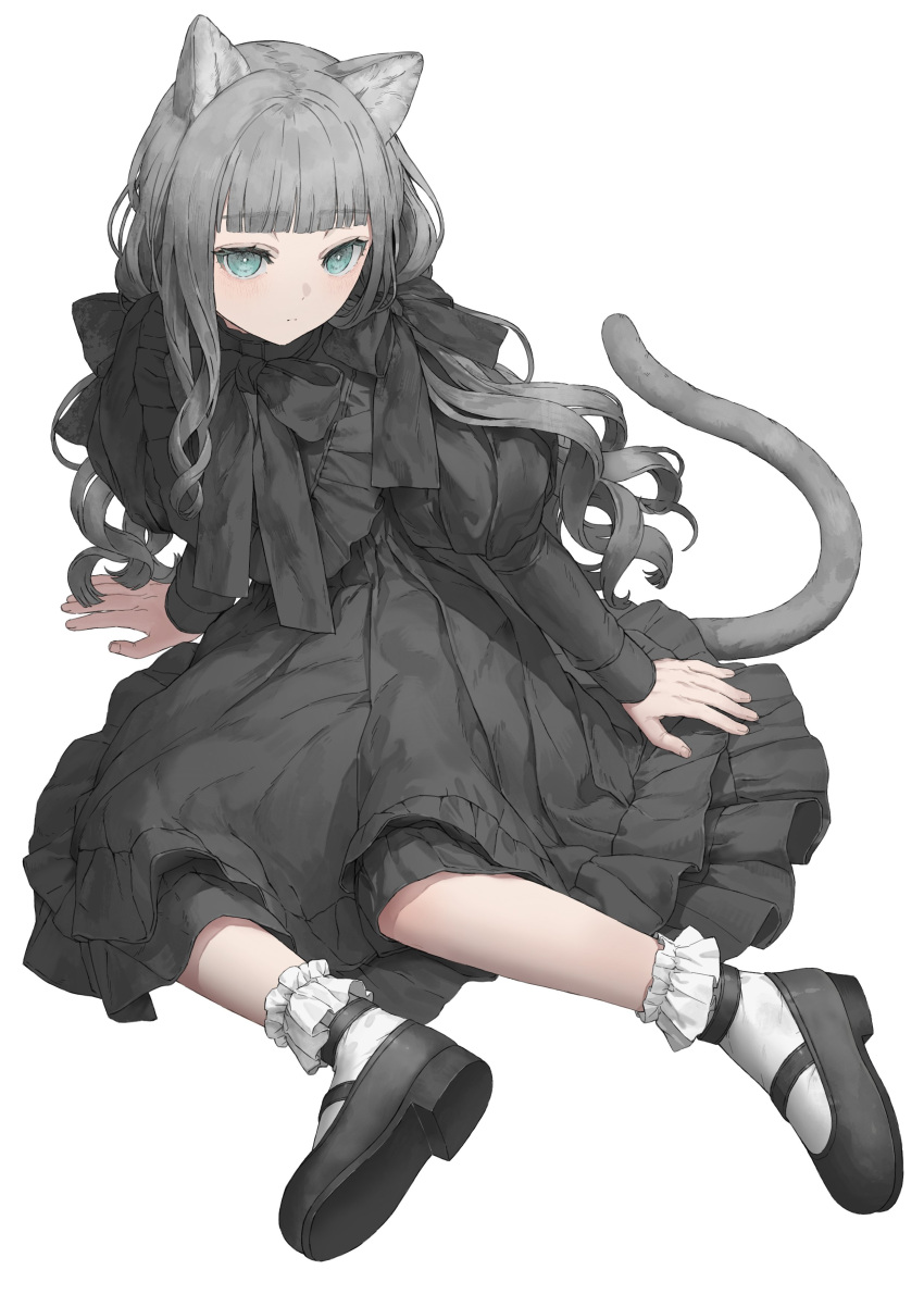 1girl absurdres animal_ears aqua_eyes black_bow black_bowtie black_dress black_footwear blunt_bangs bow bowtie cat_ears cat_girl closed_mouth dress expressionless frilled_socks frills from_above full_body gothic_lolita grey_hair grey_tail hair_bow highres juliet_sleeves light_blush lolita_fashion long_hair long_sleeves looking_at_viewer mary_janes original puffy_sleeves rairyuu shoes simple_background sitting socks solo tail white_background white_socks