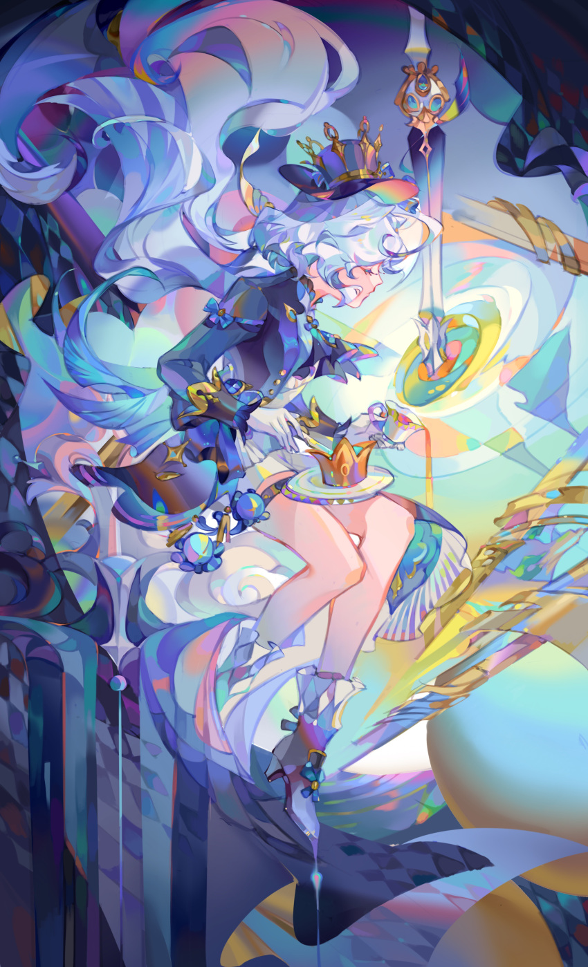1girl abstract_background absurdres ankle_boots ascot blue_ascot blue_footwear blue_hair blue_headwear blue_jacket boots closed_eyes colorful crown cup curly_hair expressionless floating floating_hair fork from_side full_body furina_(genshin_impact) genshin_impact gloves hat highres holding holding_cup holding_fork jacket long_hair long_sleeves multicolored_background plate profile shorts solo spill sunmeng sword tea teacup thigh_strap top_hat weapon white_gloves white_shorts