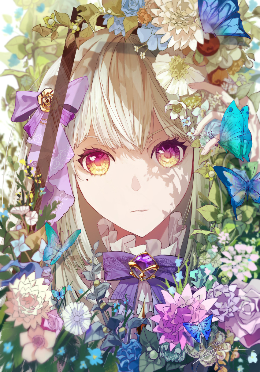 1girl absurdres blonde_hair blouse blue_butterfly blue_flower bow bowtie bu_bai_(wres2744) bug butterfly dated flower gem hair_bow highres leaf looking_at_viewer mole mole_under_eye orange_eyes original parted_lips picture_frame pink_flower portrait purple_bow purple_bowtie purple_flower purple_gemstone shirt signature solo straight-on transparent_butterfly two-tone_eyes violet_eyes white_flower white_shirt yellow_flower