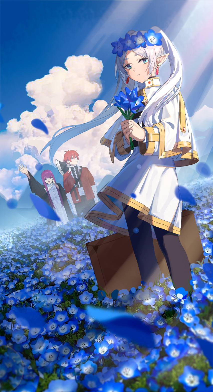 1boy 2girls absurdres axe bandaged_arm bandages battle_axe black_pants black_pantyhose black_robe black_shirt blank_stare blue_eyes blue_flower blue_sky blue_theme blunt_bangs capelet closed_mouth clouds cloudy_sky collared_cape collared_dress collared_jacket collared_shirt cumulonimbus_cloud day dress earrings elf expressionless fern_(sousou_no_frieren) field floating_hair flower flower_field flower_wreath frieren hands_up head_wreath highres holding holding_flower jacket jewelry long_hair looking_at_another multiple_girls nemophila_(flower) open_mouth outdoors own_hands_clasped own_hands_together pants pantyhose parted_bangs petals pointy_ears purple_hair red_eyes red_jacket redhead robe shirt short_hair shouting sidelocks sky sleeves_rolled_up sousou_no_frieren standing stark_(sousou_no_frieren) straight_hair striped striped_shirt suitcase twintails violet_eyes weapon white_capelet white_dress white_hair wind wind_lift xiu_kukkii