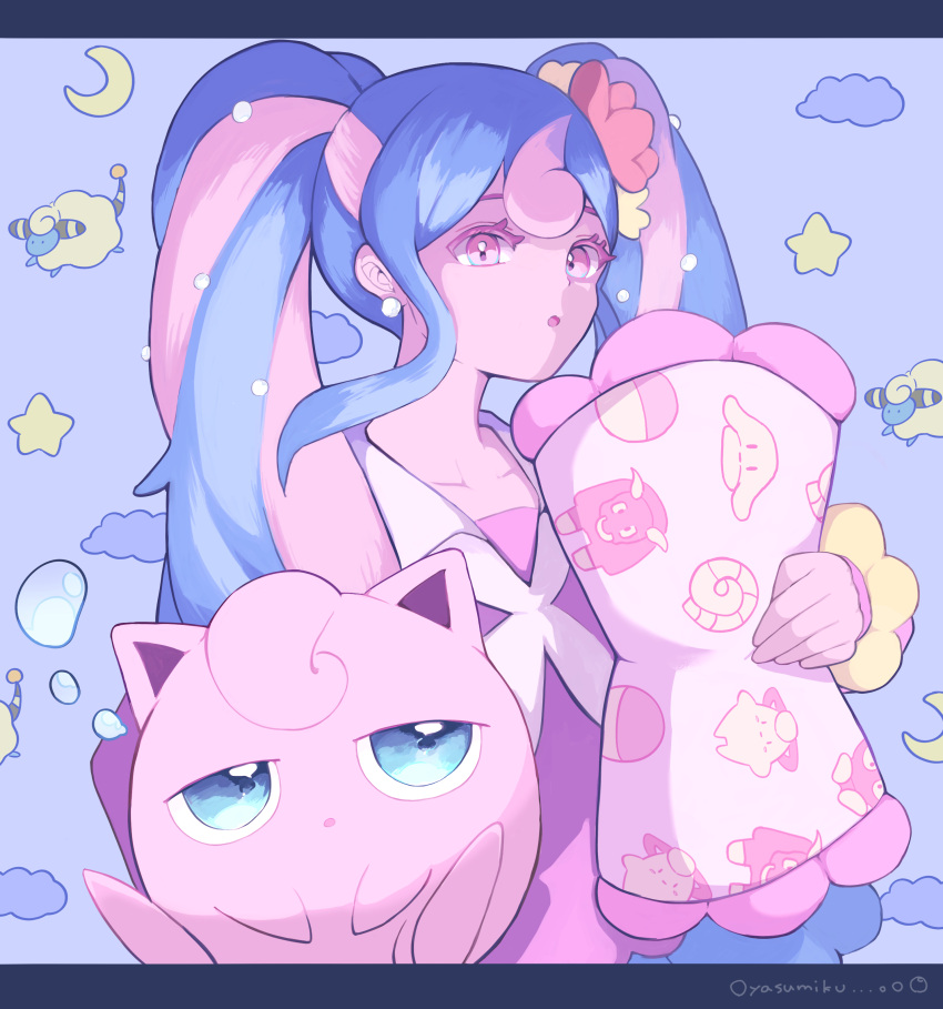 1girl :o absurdres blue_hair clouds colored_eyelashes crescent_moon earrings fairy_miku_(project_voltage) flower ha01ru28 hair_flower hair_ornament hatsune_miku highres jewelry jigglypuff light_blue_hair long_hair mareep moon multicolored_hair neckerchief open_mouth pearl_earrings pearl_hair_ornament pink_eyes pink_hair pink_shirt pokemon project_voltage red_flower shirt star_(symbol) twintails two-tone_hair vocaloid white_neckerchief yellow_flower