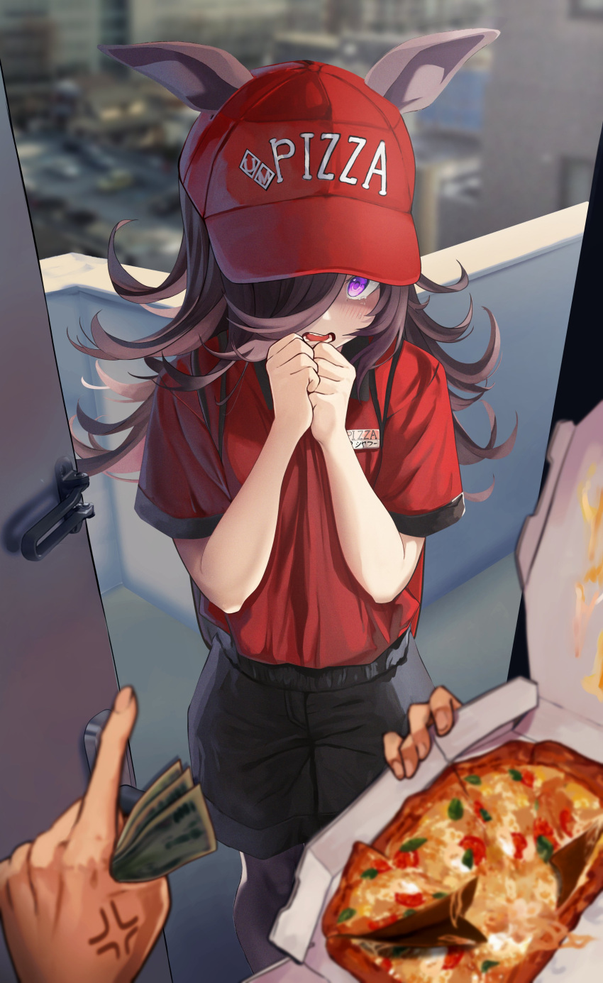 1girl absurdres anger_vein angry animal_ears annoyed black_hair black_shorts blue_eyes brown_hair delivery food fuwamozzi hair_over_eyes hair_over_one_eye hat highres horse_ears horse_girl horse_tail index_finger_raised long_hair looking_at_viewer messy_hair pizza pizza_box pointing pointing_at_another red_headwear rice_shower_(umamusume) scolding short_sleeves shorts tail umamusume violet_eyes