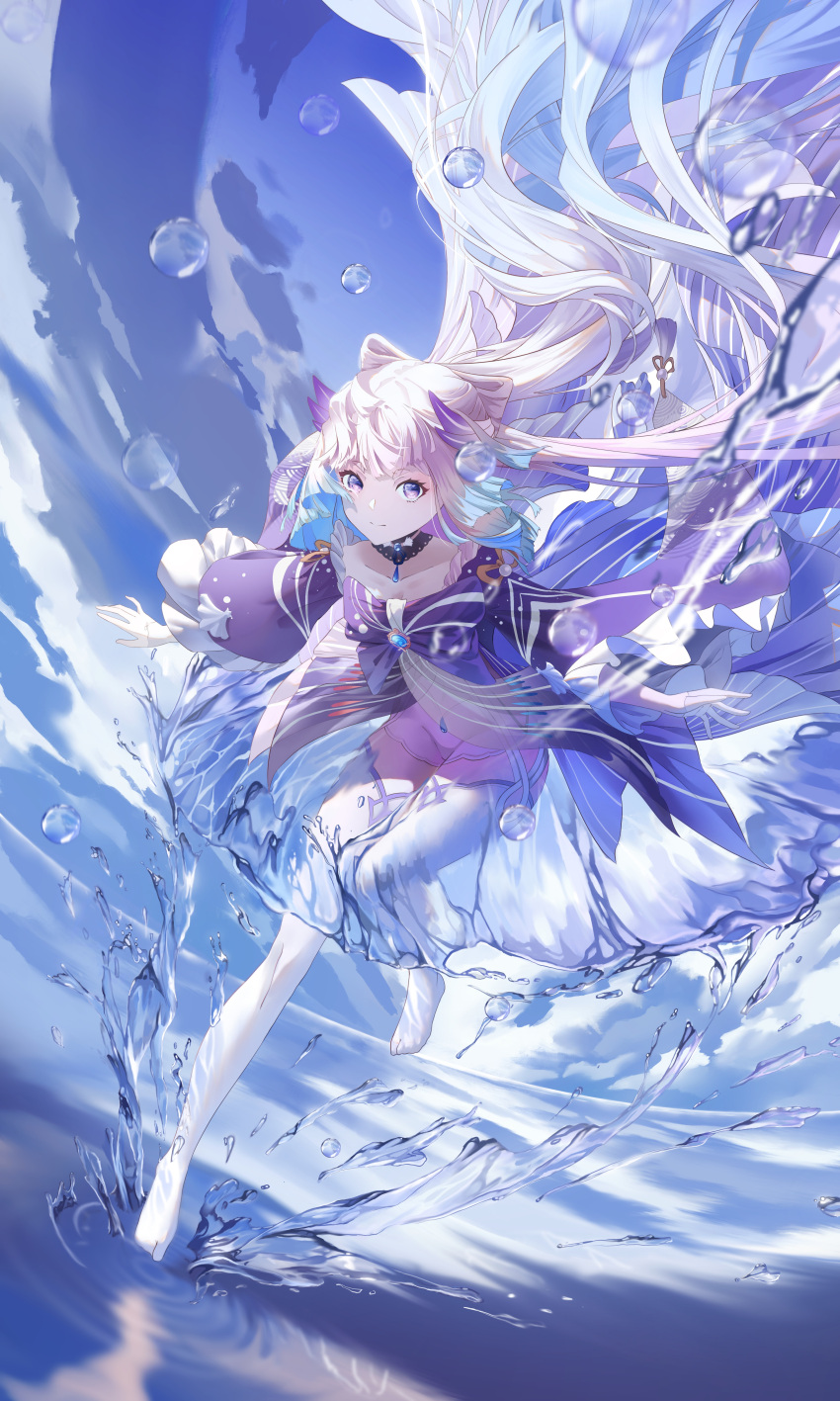 1girl absurdres blue_gemstone blue_hair bow bow-shaped_hair bu_bai_(wres2744) chest_bow chinese_commentary clouds collarbone colored_tips commentary detached_collar frilled_sleeves frills full_body gem genshin_impact highres hydrokinesis leg_up long_hair looking_at_viewer multicolored_hair pink_hair pink_shorts purple_bow purple_shirt sangonomiya_kokomi shirt short_eyebrows shorts sky solo splashing standing standing_on_liquid thigh-highs very_long_hair violet_eyes vision_(genshin_impact) water water_drop white_thighhighs wide_sleeves