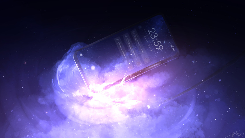 cellphone highres night no_humans original phone reflection reflective_water ripples rune_xiao scenery sky sky_focus smartphone star_(sky) starry_sky timestamp water