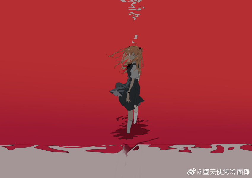 1girl black_bow black_bowtie black_ribbon blood blue_eyes blue_skirt blue_vest bow bowtie brown_hair chinese_commentary clothes_lift collared_shirt commentary_request feet_out_of_frame from_side hair_lift hair_over_shoulder hair_ribbon highres kneehighs long_hair looking_at_viewer medium_skirt neon_genesis_evangelion pool_of_blood ribbon school_uniform shirt short_sleeves skirt skirt_lift skirt_set socks solo souryuu_asuka_langley tokyo-3_middle_school_uniform two_side_up vest wading watch watch watermark weibo_logo weibo_username white_shirt white_sleeves white_socks wind wind_lift zhibuji_loom