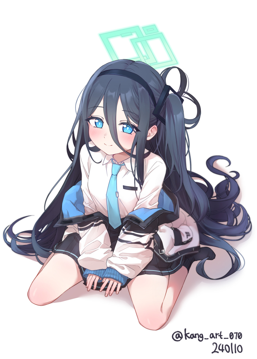 1girl absurdly_long_hair absurdres aris_(blue_archive) black_hair black_skirt black_socks blue_archive blue_eyes blush closed_mouth collared_shirt green_halo halo highres jacket kang_art_070 long_hair long_sleeves one_side_up pleated_skirt shirt simple_background skirt smile socks solo two-sided_fabric two-sided_jacket very_long_hair white_background white_jacket white_shirt