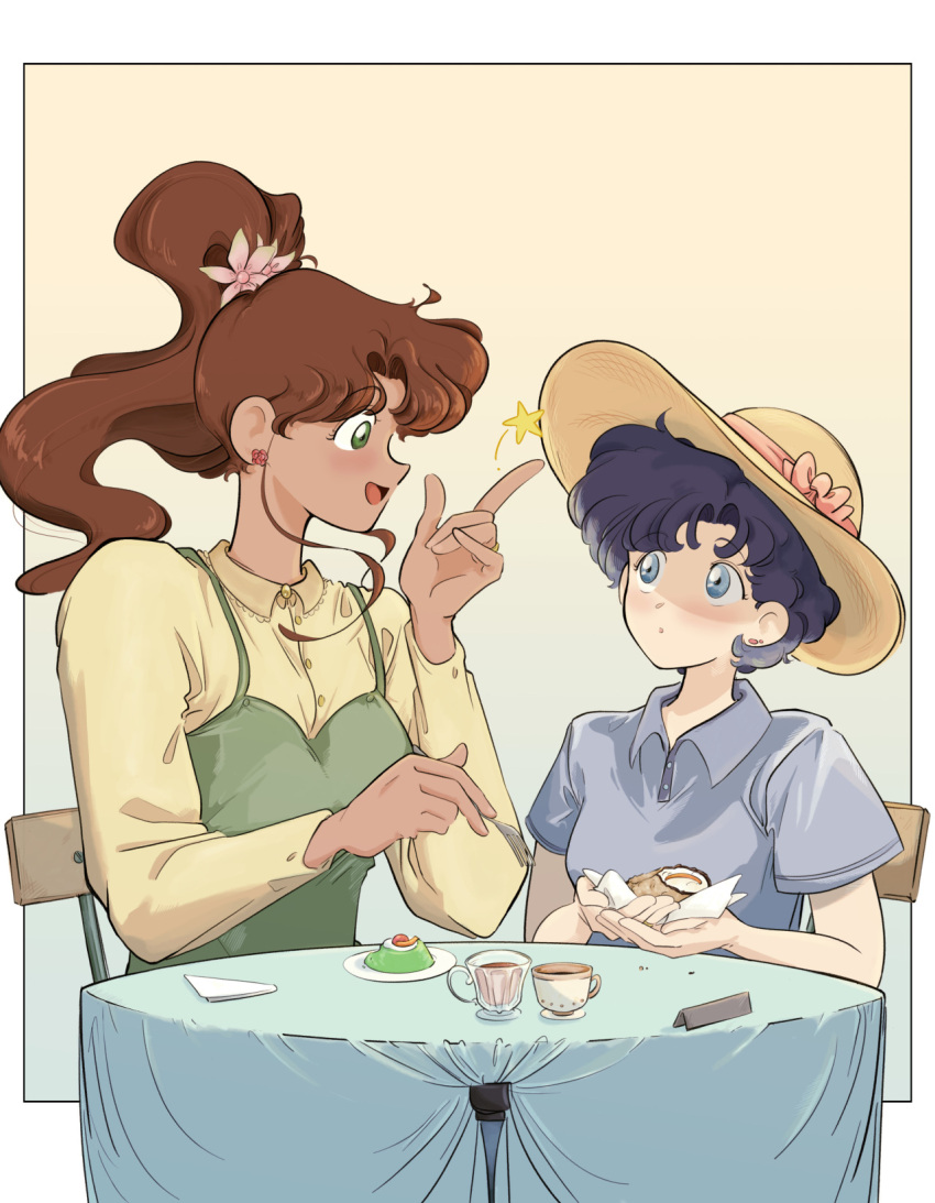 2girls bishoujo_senshi_sailor_moon blue_eyes blue_hair blush brown_hair earrings flower food hair_flower hair_ornament hat height_difference highres jewelry kino_makoto mercuri0ff mizuno_ami multiple_girls open_mouth short_hair simple_background size_difference star_(symbol) table