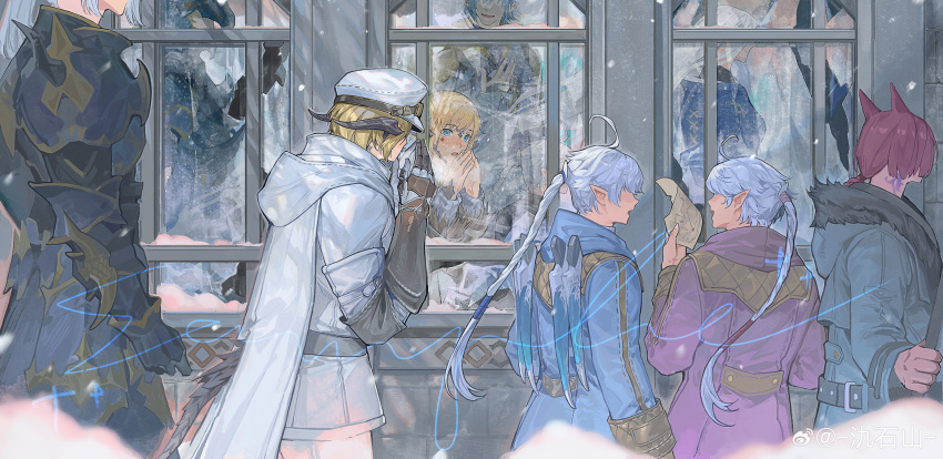 2girls 3boys absurdres ahoge alisaie_leveilleur alphinaud_leveilleur amaurot_moyu_shimin animal_ears armor au_ra belt blonde_hair blue_coat blue_eyes braid braided_ponytail breastplate breath cape cat_ears chinese_commentary coat commentary_request cowboy_shot different_reflection dragon_girl dragon_horns dragon_tail dragoon_(final_fantasy) elezen elf estinien_varlineau final_fantasy final_fantasy_xiv from_side frost fur-trimmed_coat fur_trim g'raha_tia gauntlets grey_coat hair_ribbon hand_up hat haurchefant_greystone head_out_of_frame highres holding holding_map horns long_hair long_sleeves map miqo'te multiple_boys multiple_girls neck_tattoo no_eyes open_mouth outdoors pointy_ears redhead reflection ribbon sage_(final_fantasy) sample_watermark scales short_hair smile tail tail_through_clothes tattoo walking watermark weapon weapon_on_back weibo_logo weibo_username white_cape white_coat white_hair white_headwear window winter ysayle_dangoulain