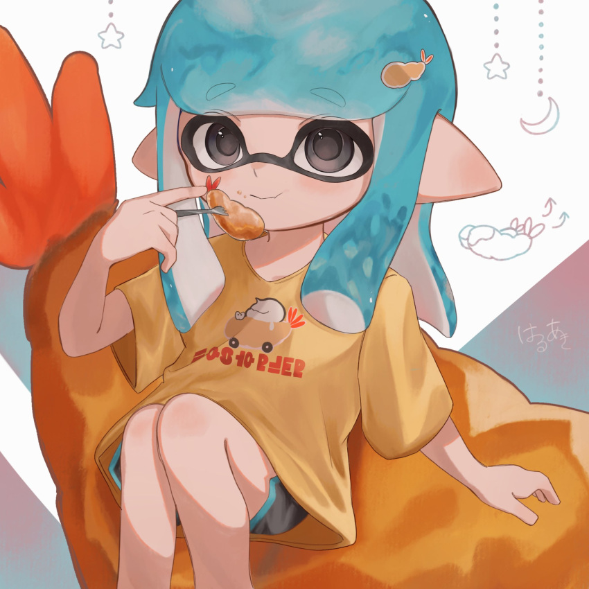 1girl black_eyes black_shorts blue_hair chewing closed_mouth commentary_request crescent_moon food food-themed_hair_ornament fork ha_r_a_k hair_ornament highres holding holding_fork inkling inkling_(language) inkling_girl long_hair looking_at_viewer moon orange_shirt oversized_clothes oversized_shirt pointy_ears print_shirt shirt shorts shrimp shrimp_tempura sitting solo splatoon_(series) splatoon_3 star_(symbol) tempura tentacle_hair white_background
