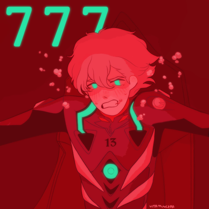 1boy air_bubble artist_name bad_id bad_twitter_id bodysuit bubble clenched_teeth commentary english_commentary glowing glowing_eyes highres looking_at_viewer male_focus nagisa_kaworu neon_genesis_evangelion open_mouth outstretched_arms pilot_suit plugsuit red_theme short_hair solo spread_arms teeth upper_body vitamincera