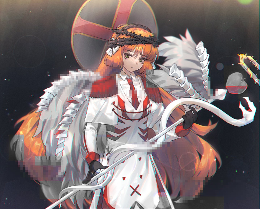 1girl black_gloves bow caduceus cape coat collared_shirt cowboy_shot crown_of_thorns e.g.o_(project_moon) epaulettes feruca gloves hair_bow halo holding holding_staff ishmael_(project_moon) limbus_company lobotomy_corporation long_hair looking_at_viewer necktie orange_hair project_moon red_necktie shirt solo staff very_long_hair white_bow white_cape white_coat white_shirt white_wings wings
